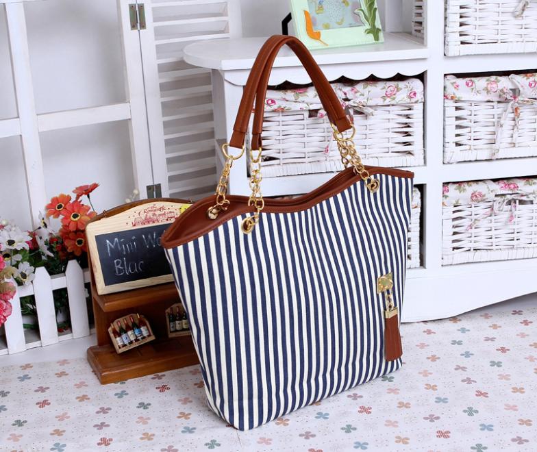 New 2014 Women'S Handbag Stripe Canvas Bag Chain Tassel Hangings